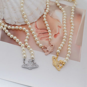 Queen Mother Classic Temperament One Layer Saturn Pearl Necklace with LOGO Lobster Buckle Wholesale