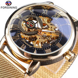 Часы forsining, выпущенные от имени бренда men's fashion casual с сетчатым ремешком и полыми золотыми механическими часами с ручным управлением