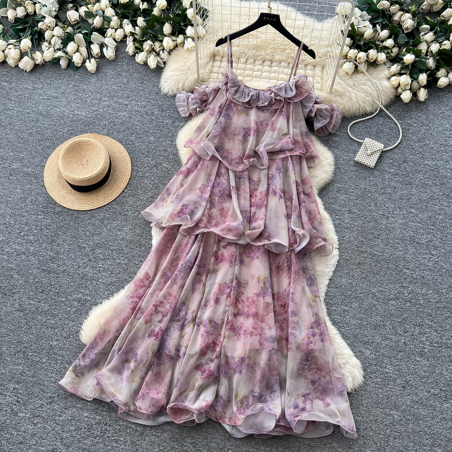 French Vacation Style Floral Maxi Dress for Women Ruffle Hem Elegant Design Summer Fashion Wholesale Available