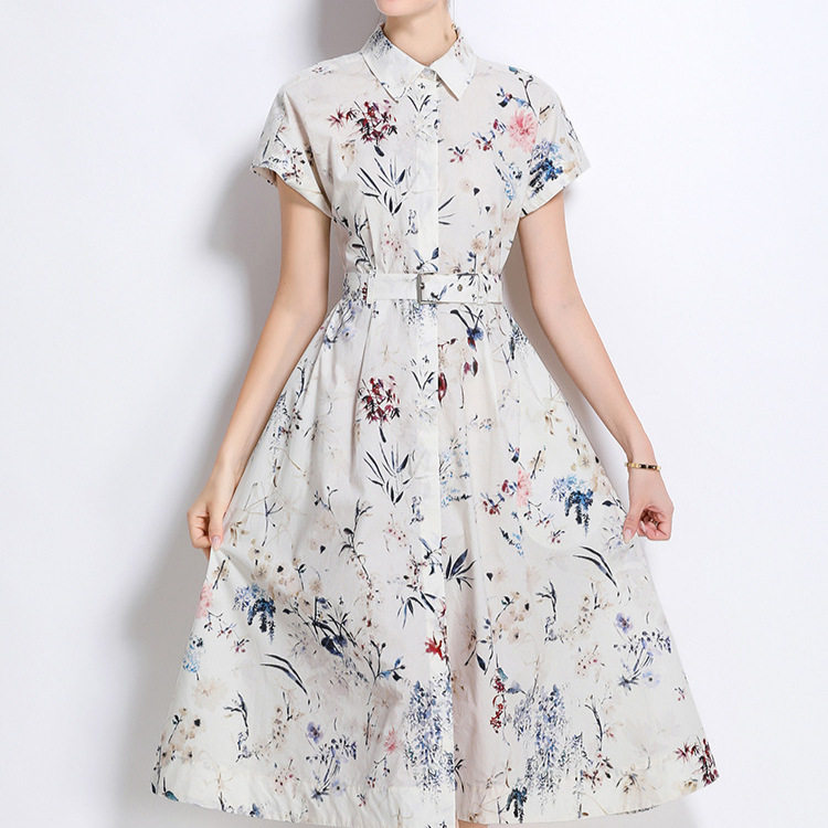 French Vintage Bamboo Leaf Print Shirt Dress Single Breasted Waist Defining A Line Silhouette Summer Casual Wear