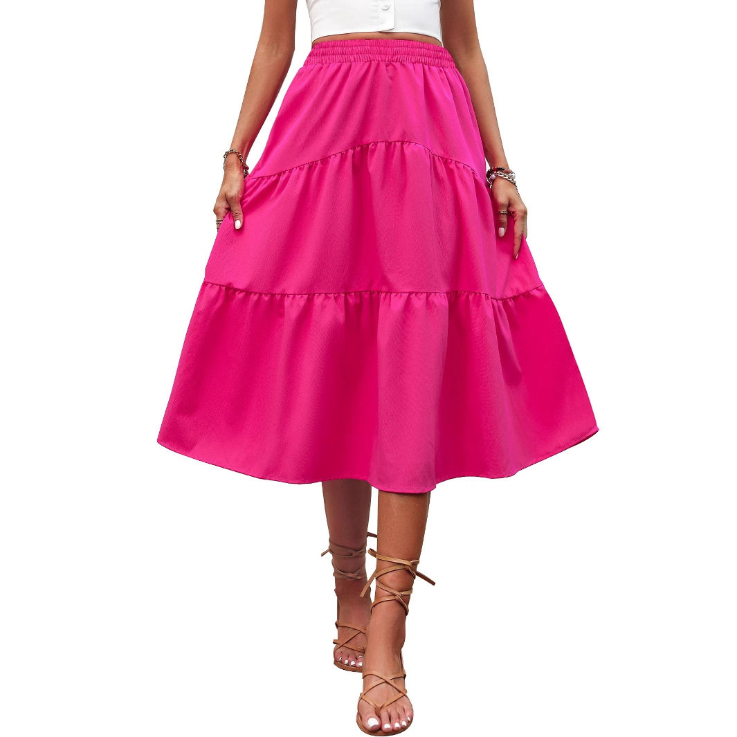 High Waisted Solid Color Midi Skirt Elastic Waist Fashionable Design Versatile for Casual or Formal Wear Wholesale