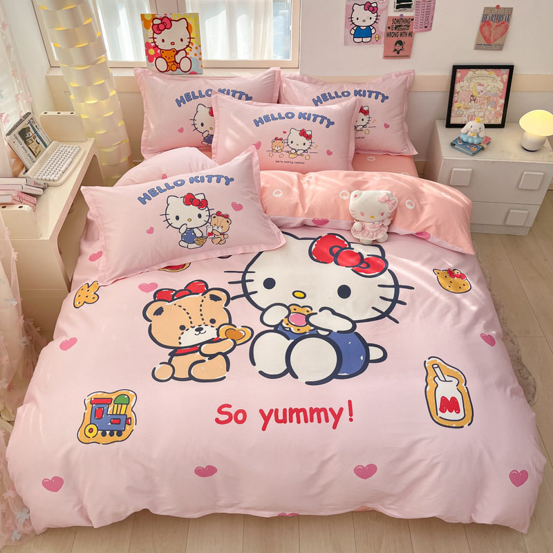 Sanrio Large Printed Cotton Four-Piece Set Pure Cotton Cartoon Kuromi Student Three-Piece Set Fitted Sheet and Quilt Cover Cross-Border