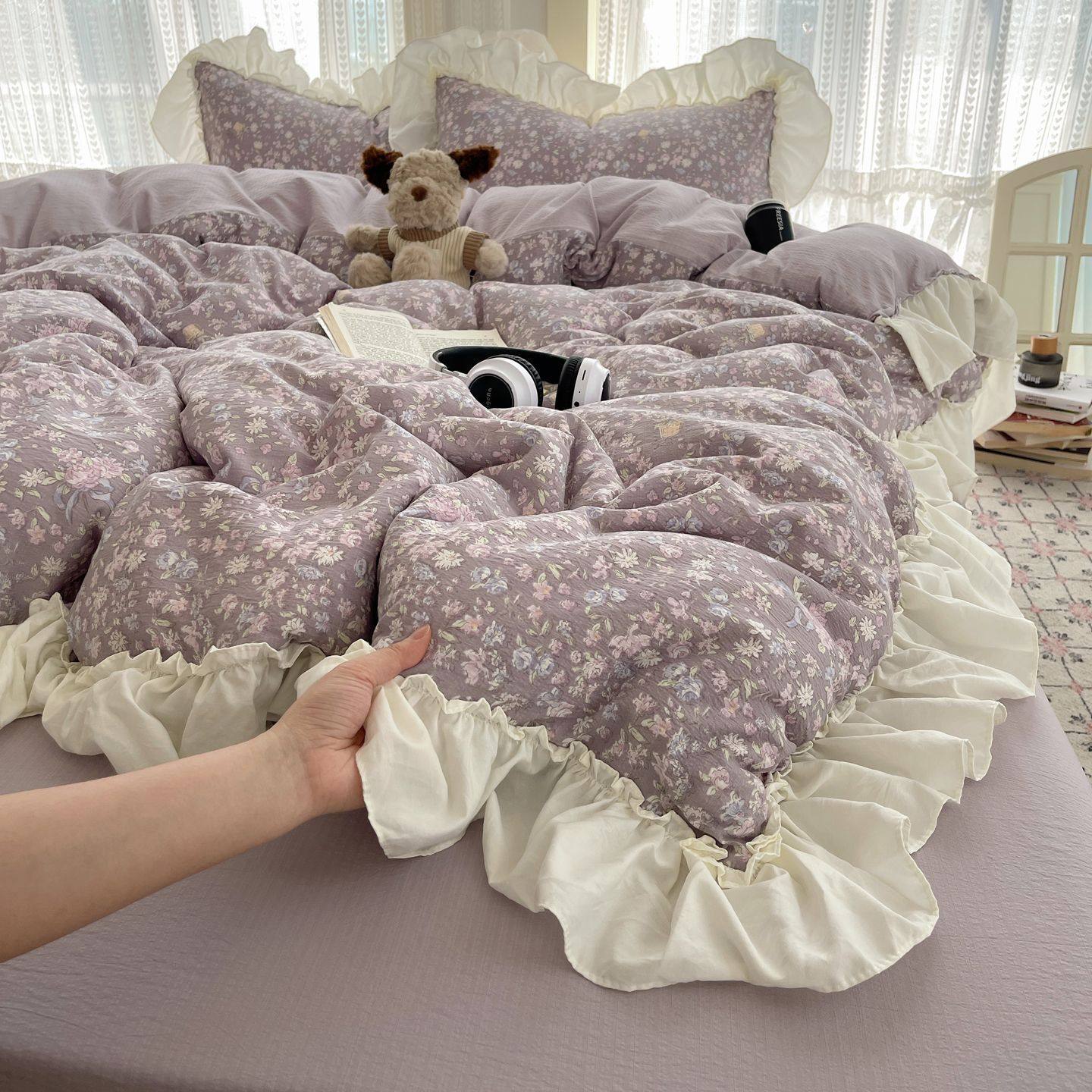 2025 New Kapok Pure Cotton Cloud-Like Double-Layer Yarn Wrinkled Cotton Edge Four-Piece Set Three-Piece Set