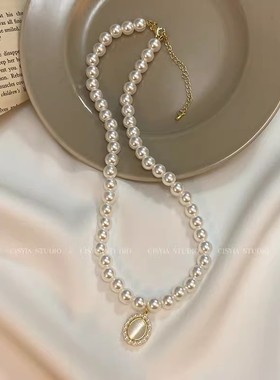 法式复古猫眼石珍珠项链颈链女轻奢小众级感锁骨链爆款饰品