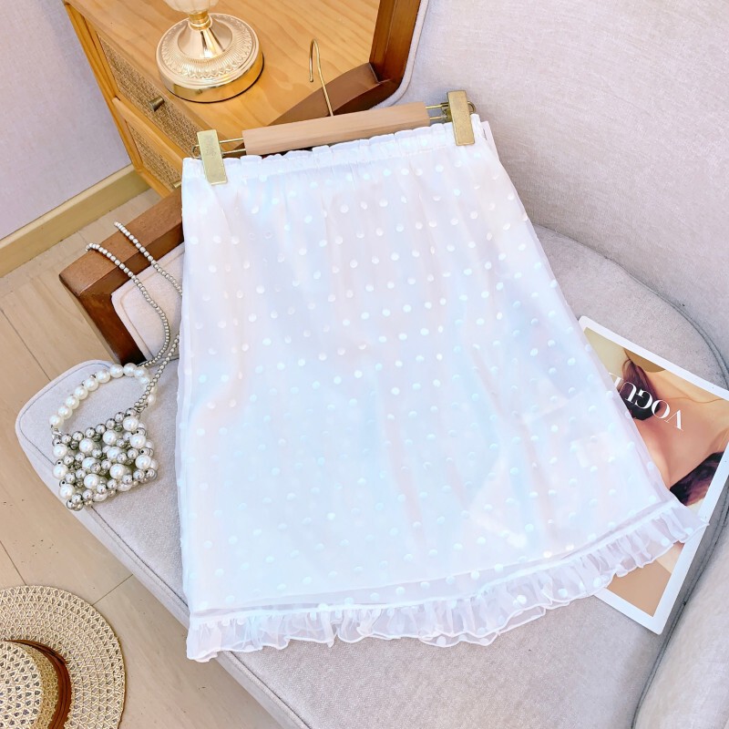 Chân váy midi voan lưới chấm bi trắng cạp chun viền bèo — Chấm bi