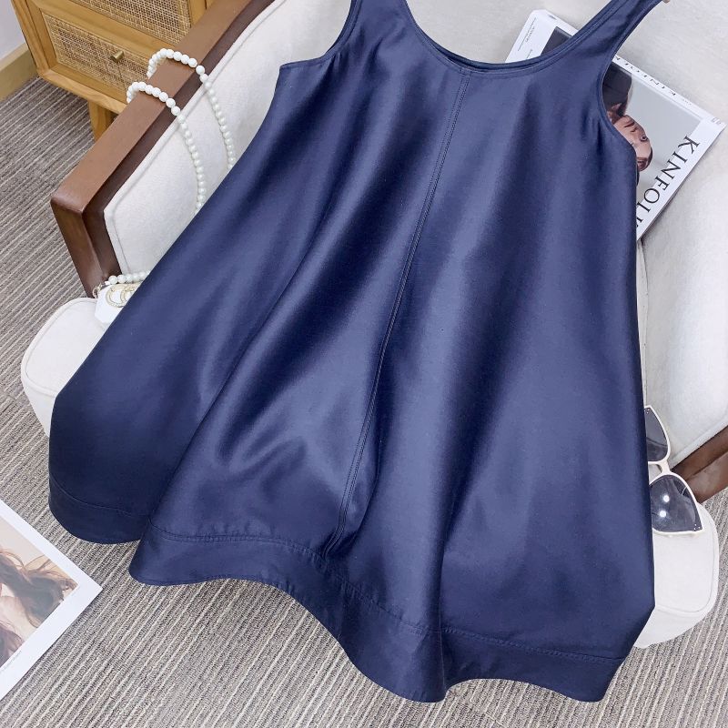 Đầm hai dây lụa tơ tằm dáng chữ A tay công chúa phong cách thanh lịch — [Quần short chống chói miễn phí màu lục lam] Len lụa, [Quần short chống lộ màu nâu hạt dẻ] Len lụa, [Quần short chống lộ màu trắng ngọc trai] Len lụa