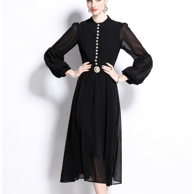 Elegant French Style Chiffon Dress Spring Collection Metallic Button Waist Defining Lantern Sleeves Perfect for