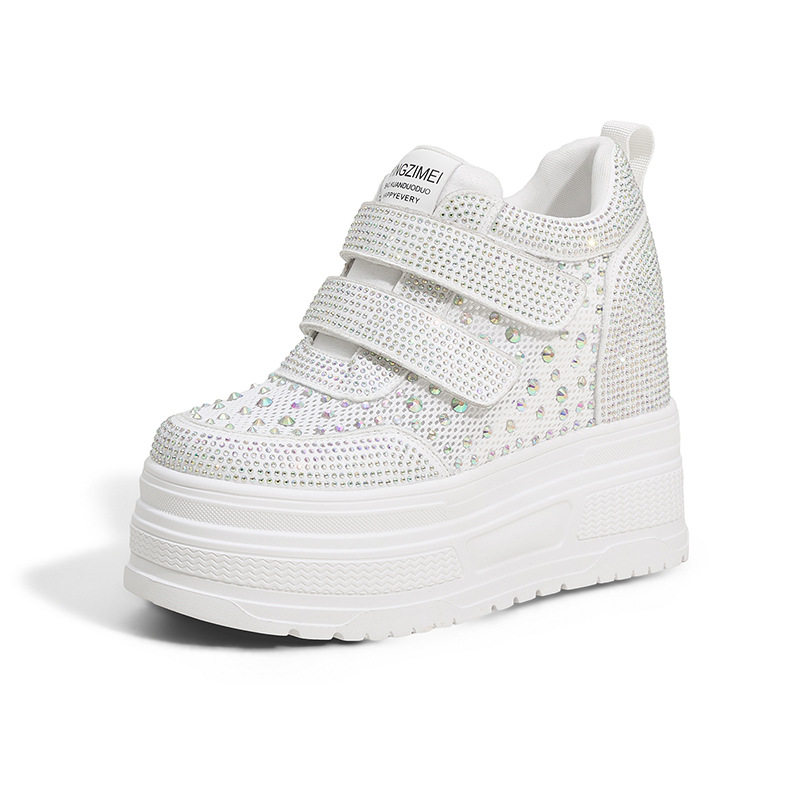 Giày sneaker nữ đế dày chunky trắng phối lưới thoáng khí gót 12 cm — Trắng, Đen