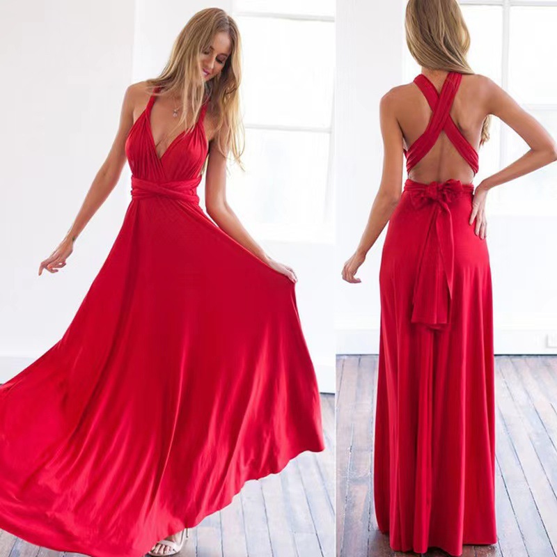 Women's sexy beach dress strapping burgundy dress long skirt-图1