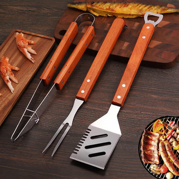 Barbecue tools suit BBQ wooden handle fork shovel clip combination suit Oxford bag household multi-functional Stainless Steel Grill