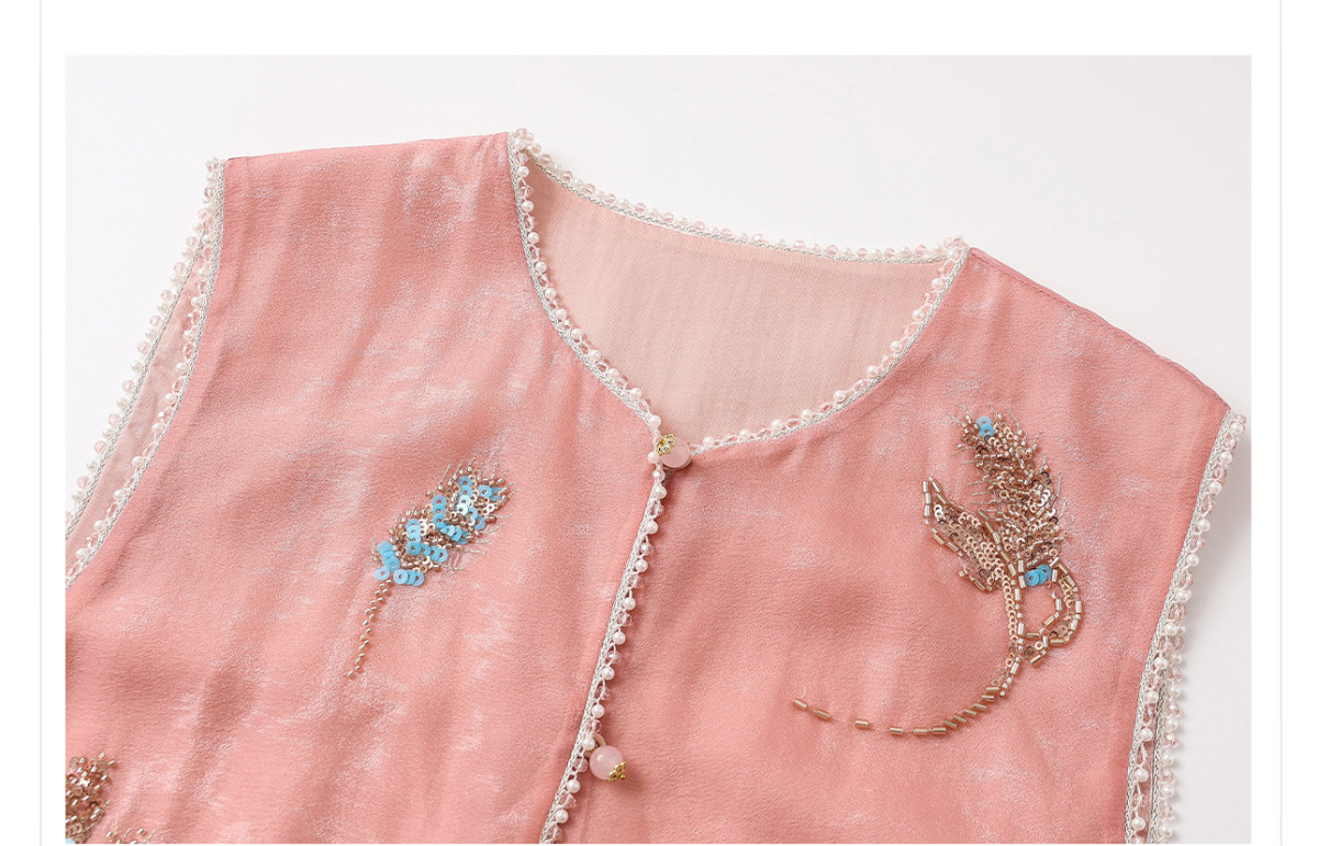 Set gile thêu đính cườm kèm quần dài nữ phong cách thanh lịch — Quần dài màu mơ, Quần dài màu xanh lục, Gi lê màu hồng, Gi lê màu xanh lục