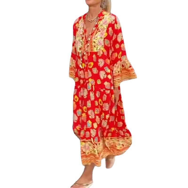Floral Print Maxi Dress Elegant Fit Flared Hem Long Sleeve Spring Fall Fashion for Women Wholesale Available