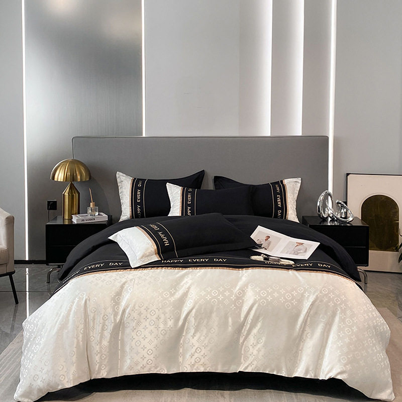 Washed Cotton Ice Silk Jacquard Four-Piece Set Simple Solid Color Bedding Quilt Cover Sheet Bedding Manufacturer Wholesale