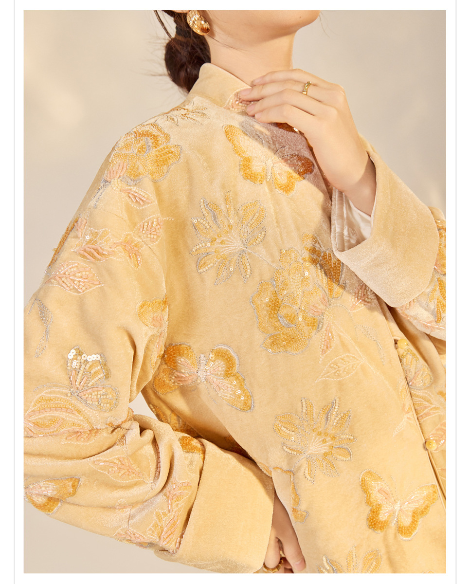 Áo khoác nữ cổ đứng dài tay thêu hoa đính kim sa phong cách retro — Màu cam mơ (giao hàng trong 7 ngày), Màu cam mơ (giao hàng trong ngày)