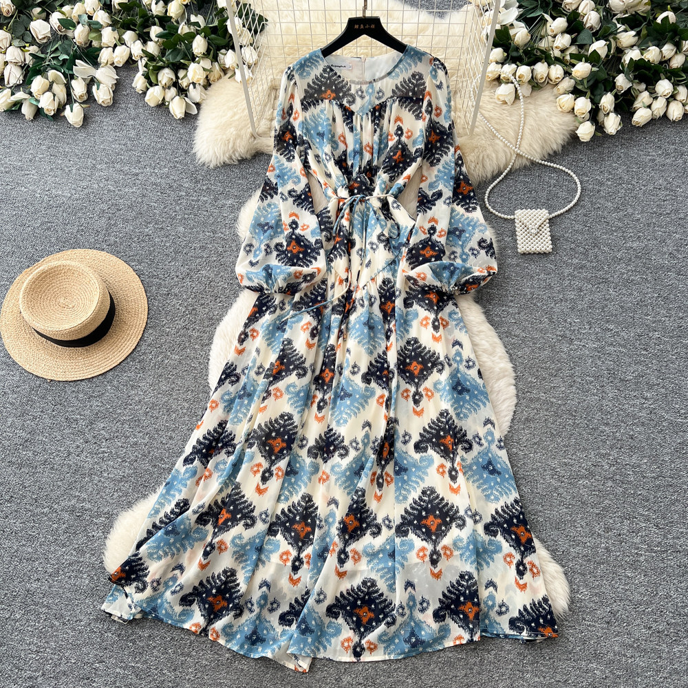 French Romantic Floral Print Dress Waist Defining A Line Silhouette Pleated Long Length Spring Fall Office Wear