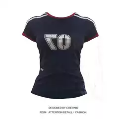 Cotton Raglan Contrast Color Three-Stripe Short-Sleeved Shirt for Women in Summer, Tight-Fitting Right Shoulder Design, Niche Trendy Tops