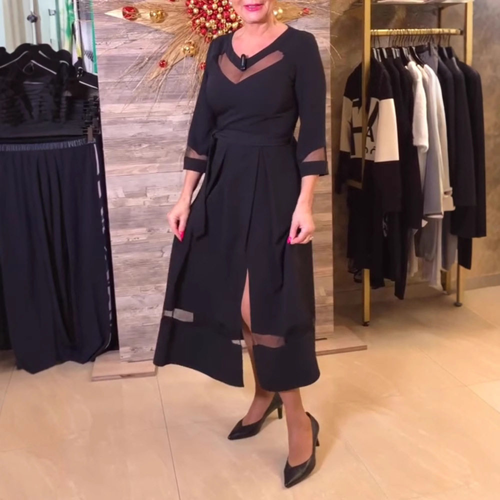 Elegant Long Sleeve V Neck Dress Sheer Mesh Panel Waist Defined Solid Color Perfect for Parties and Events