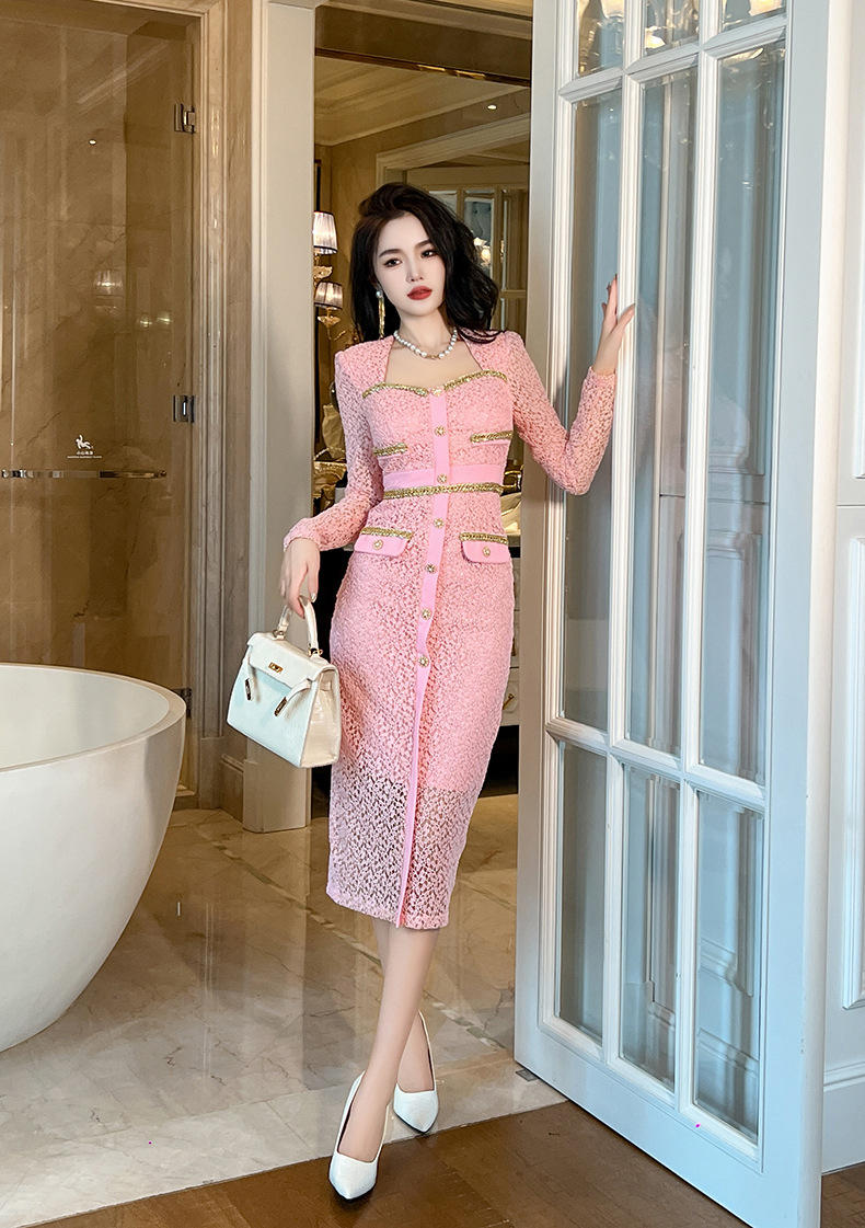 Đầm ren nữ cổ vuông dài tay phối dây xích ôm body thanh lịch — Hoa Anh Đào