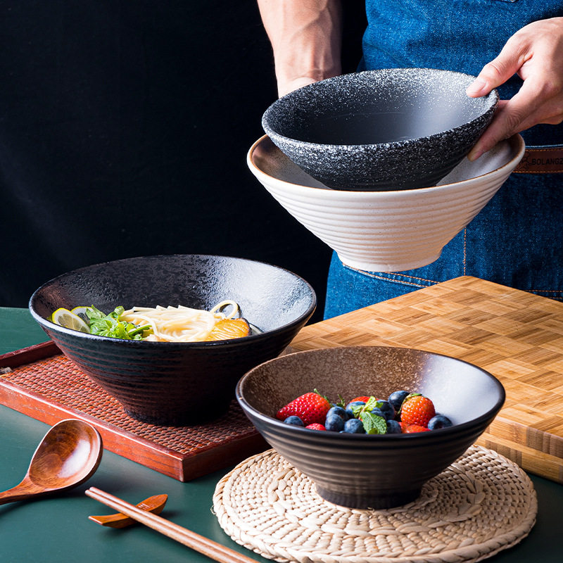 Instant Noodle Bowl Japanese-Style Ceramic Bowl Thick Ramen Bowl Dish Bowl Porcelain Bowl Soup Bowl Tableware Set Rice Bowl Light Luxury Retro