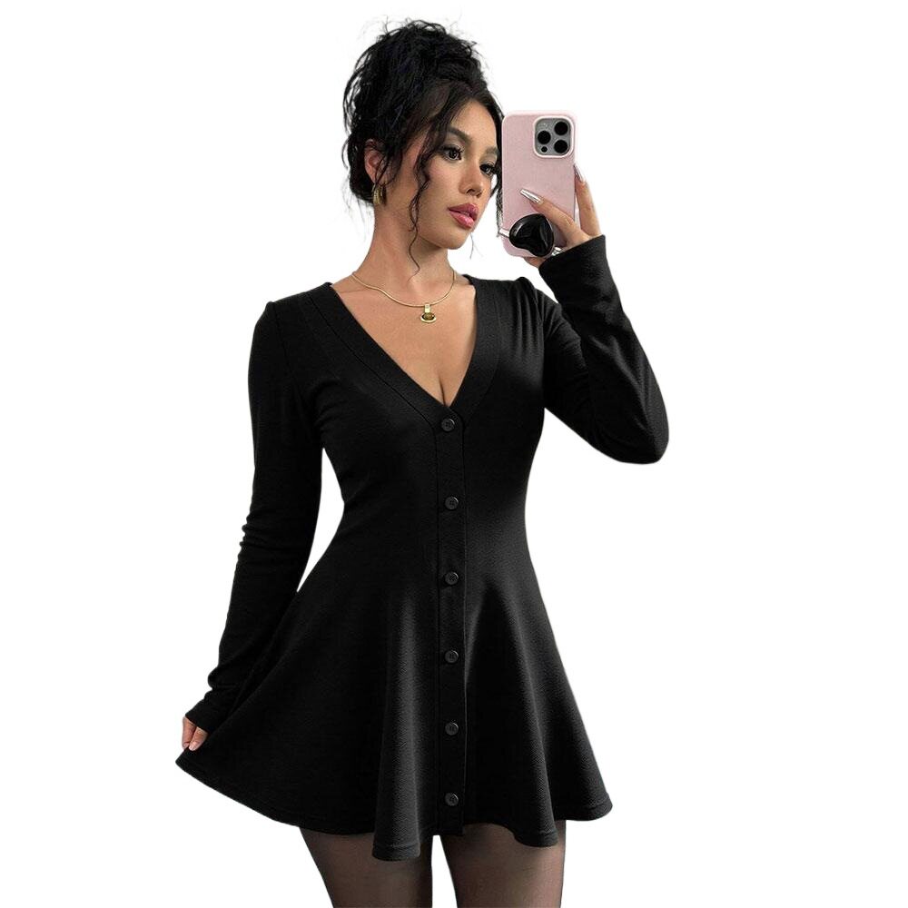 Womens Mini Dress Knitted V Neck Long Sleeve Solid Color Flared Hem Spring Summer Fashion Wholesale Available