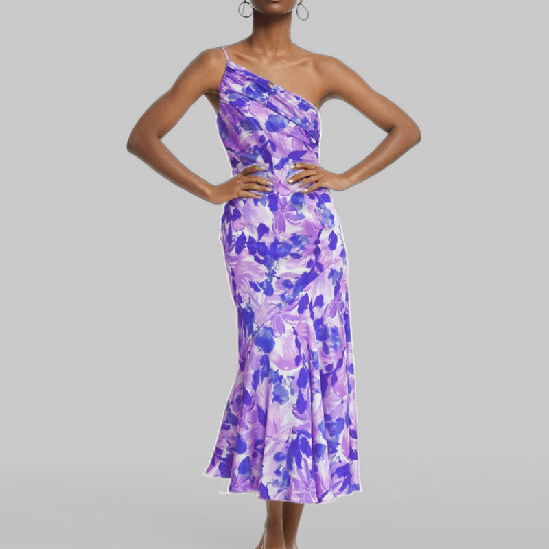 Elegant Floral Print Mermaid Maxi Dress Sexy Spaghetti Strap Asymmetrical Neckline Chic for Office or Evening Wear