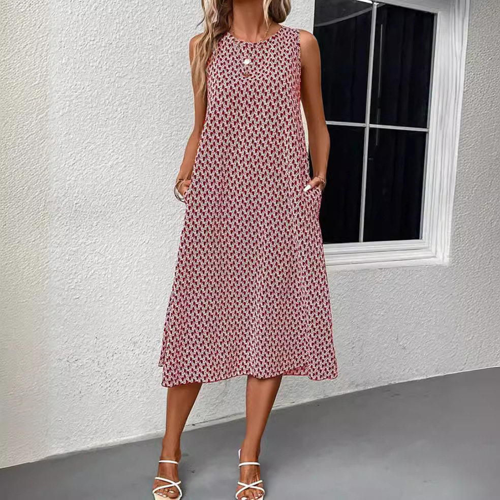 Summer Womens Sleeveless Dress Round Neck Fashionable Commuter Style Perfect for Casual Outings Wholesale Available