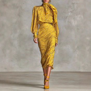 2025 Independent Station Autumn and Winter Hot-Selling Polka Dot Lace-Up Long-Sleeved Turtleneck Shirt One-Step Skirt Two-Piece Set