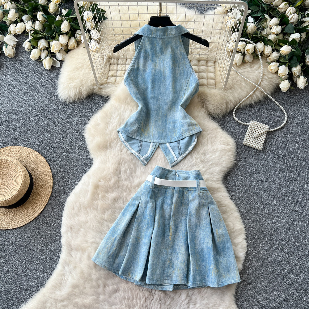 Korean Style V Neck Sleeveless Denim Vest Set Slim Fit Waist Belt Summer Fashion Perfect for Office or Casual Wear