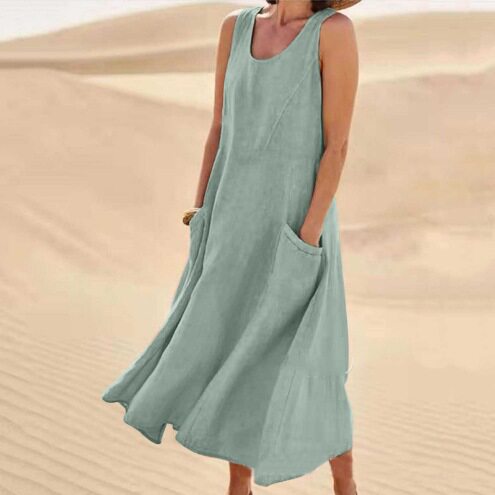 Summer Womens Cotton Linen Dress Sleeveless Round Neck Pocket Design Casual Wear for Everyday Use Wholesale