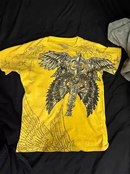 Retro Extreme Angel Wing Men's Yellow Short Sleeve Harajuku High Street American Fashion T-Shirt Men's and Women's Summer Tops