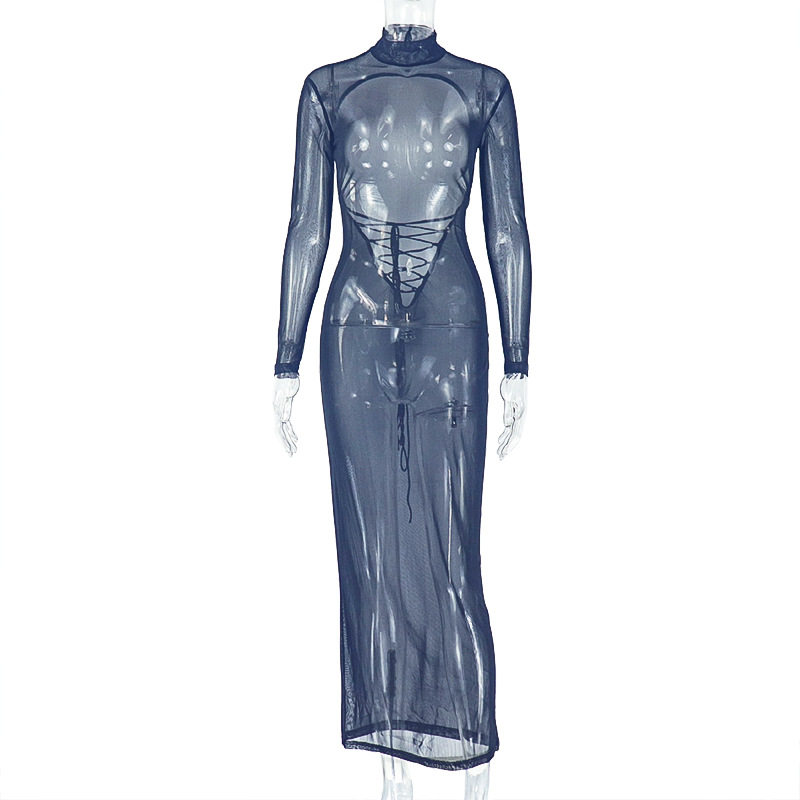 Elegant Backless Tie Back Bodycon Dress Long Sleeve Stand Collar Slim Fit Perfect for Parties and Formal Events
