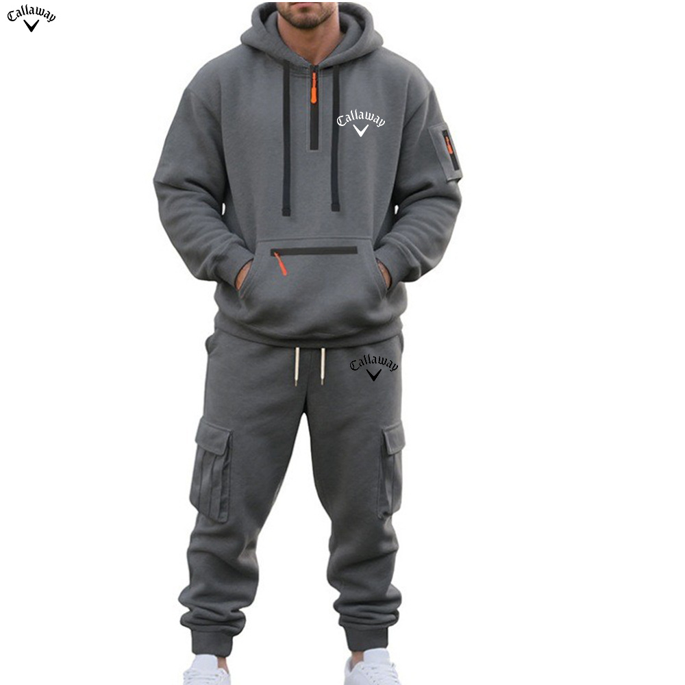 2025跨境男装亚马逊冬季加绒男士休闲套装宽松运动多口袋工装套装