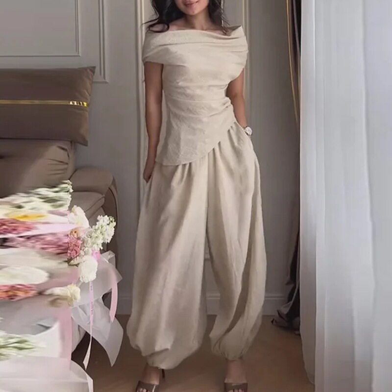 Womens Summer Two Piece Set Solid Color Asymmetrical Shoulder Casual Style Perfect for Work or Leisure Wholesale