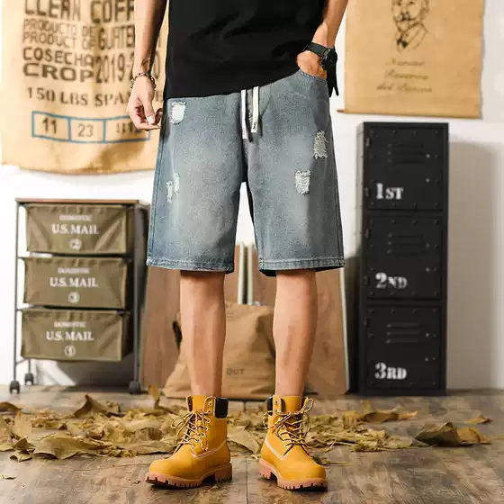 Y726 | Plus Size Men's Summer New Retro High Street Ripped Denim Shorts Men's Loose Trendy Brand Mid-Length Pants