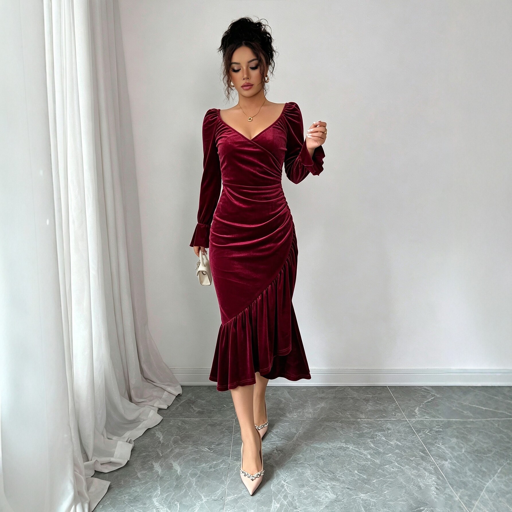 Velvet V Neck Dress Slimming Fit Irregular Hem Midi Length Autumn Winter Fashion Wholesale Available