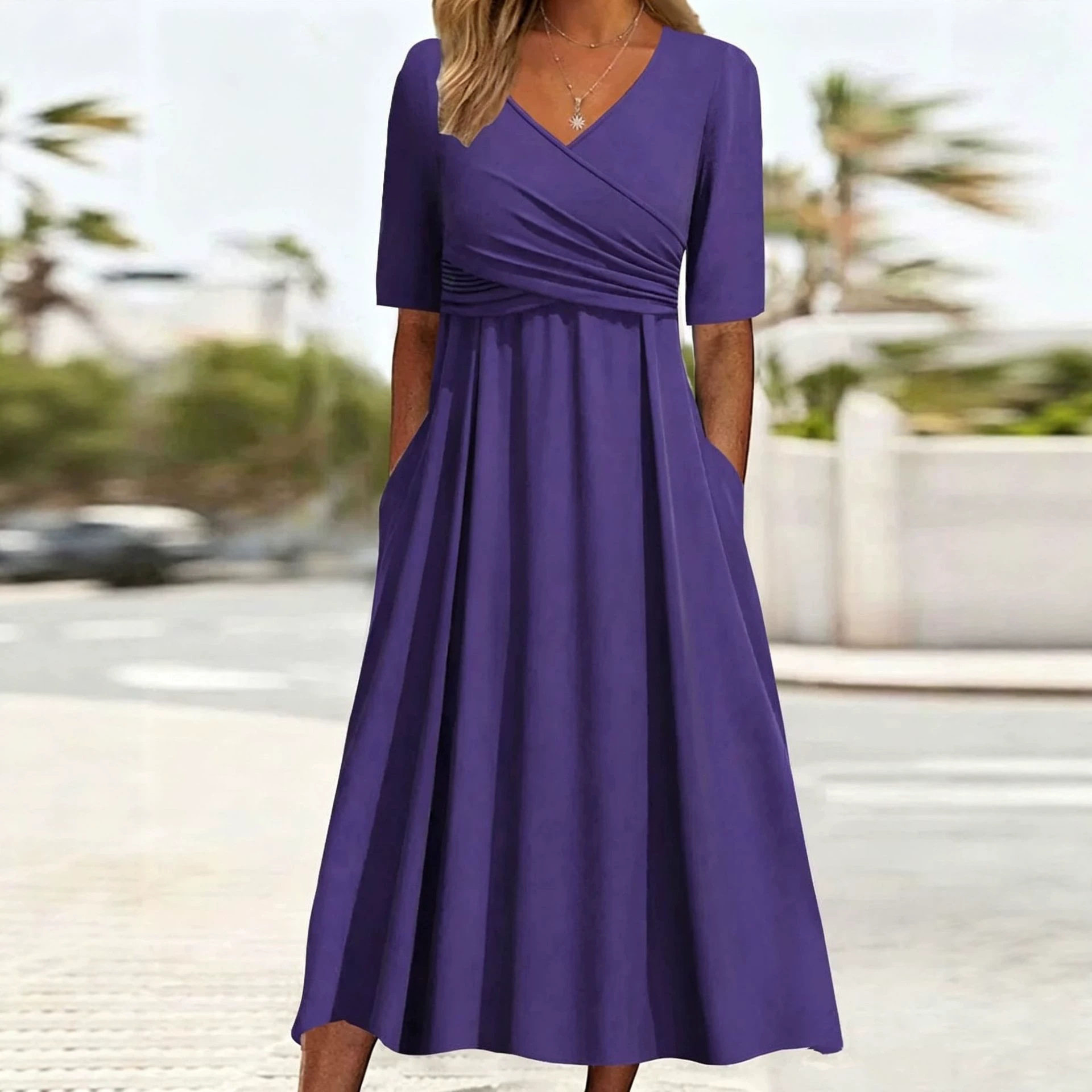 Elegant Womens Solid Color Maxi Dress V Neck Mid Sleeve Summer Style Available for Wholesale