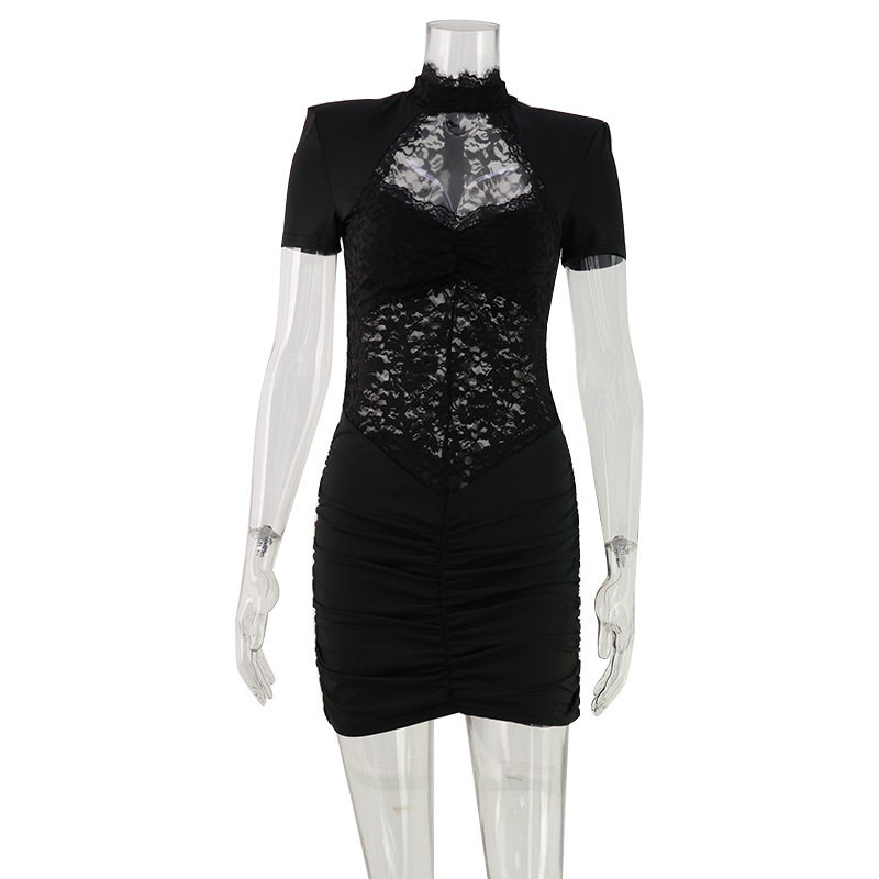 French Style Womens Lace Trimmed Bodycon Dress Short Sleeve Pleated Design Elegant Fit Perfect for Evening Events