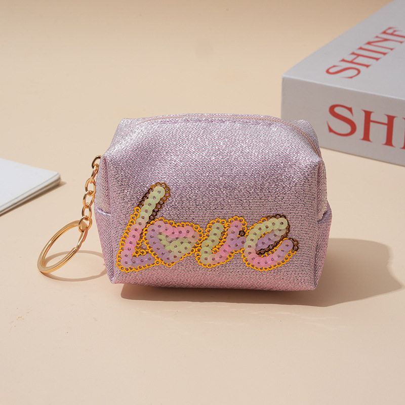 New Arrival Gloss Pink Sequins Embroidered Love Coin Purse Mini Lipstick Headphone Bag Waterproof with Keychain Small Bag