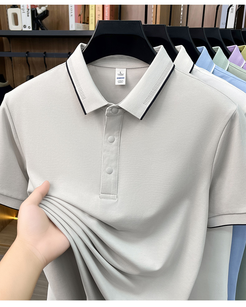 Áo polo nam Leishibert pha cotton lụa tơ tằm, tay ngắn co giãn thoáng mát mùa hè — Xanh biển, Xanh đậu nhạt, Vàng mạch nha, Đen bóng tối