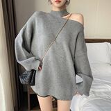 Свободный свитер в ленивом стиле, женская осенне-зимняя верхняя одежда, новинка 2025 года, корейская версия свитера средней длины в западном стиле с длинными рукавами и без бретелек