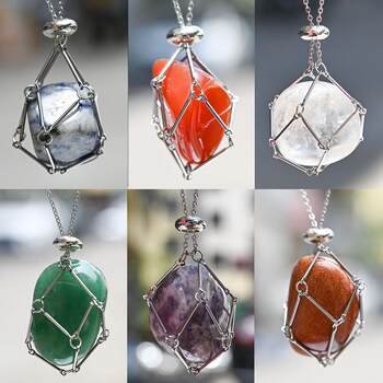 Cross-border DIY adjustable natural crystal net pocket metal bamboo necklace irregular raw stone woven pendant jewelry