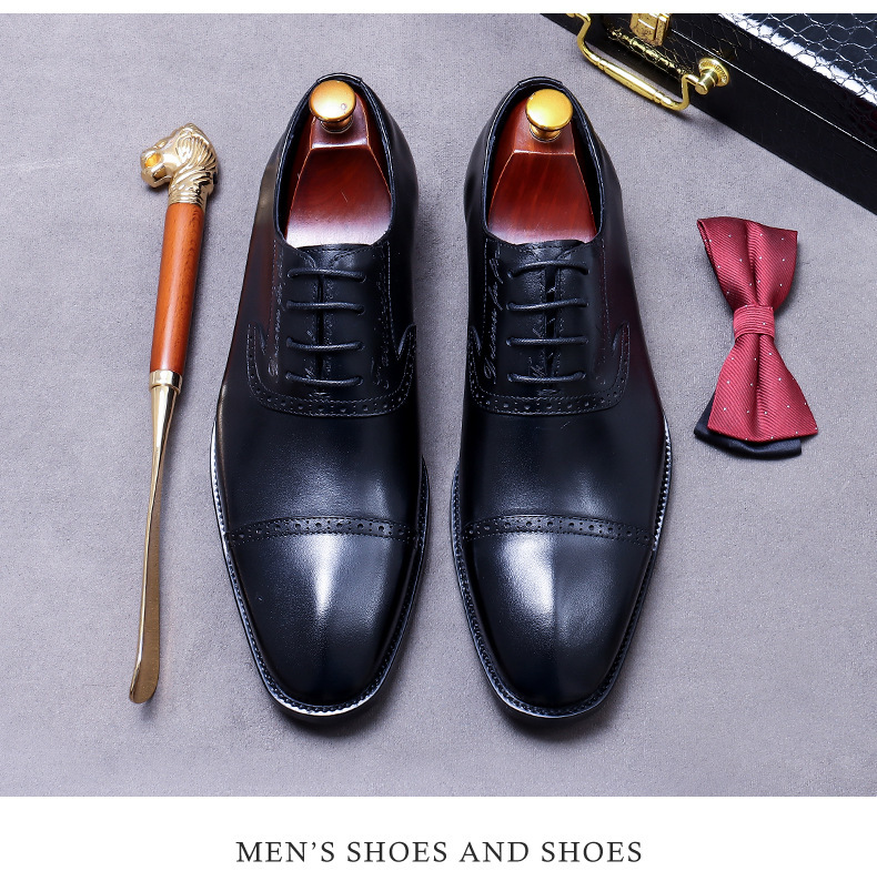 Giày Oxford nam da bò thật buộc dây mũi nhọn chạm khắc — Màu đen, Màu cà phê