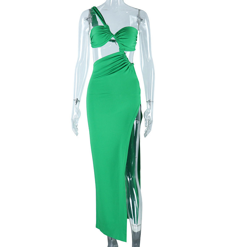 Sleeveless Asymmetrical Dress Solid Color Sexy Backless Long Length Ruched Design Side Slit Evening Gown for