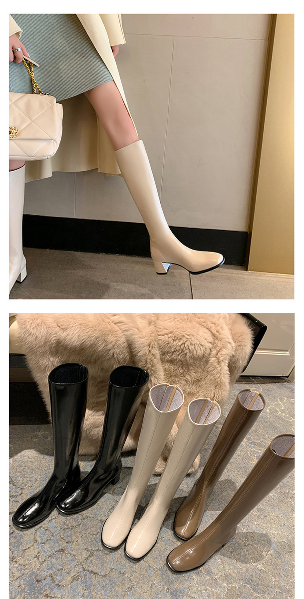Boot nữ cổ cao ôm bắp chân da bò mũi tròn gót vuông — Màu be lót nhung bên trong, Màu đen lót heo, Màu đen lót nhung, Màu xám lót lợn