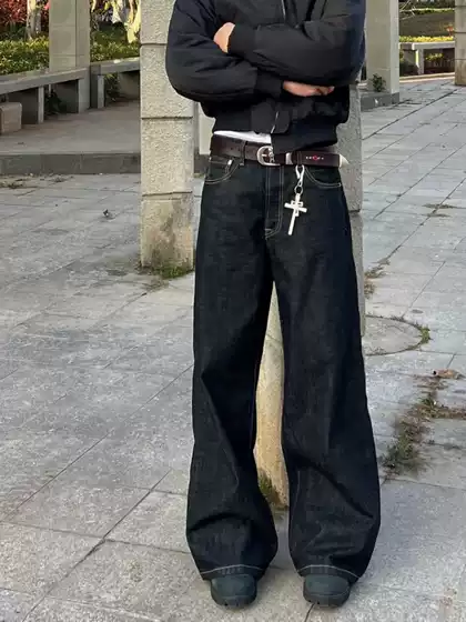 Denim Original Color Jeans for Men, Straight Loose Fit, American High Street Style, Trendy Brand, Cool Cleanfit, Slightly Flared Long Pants
