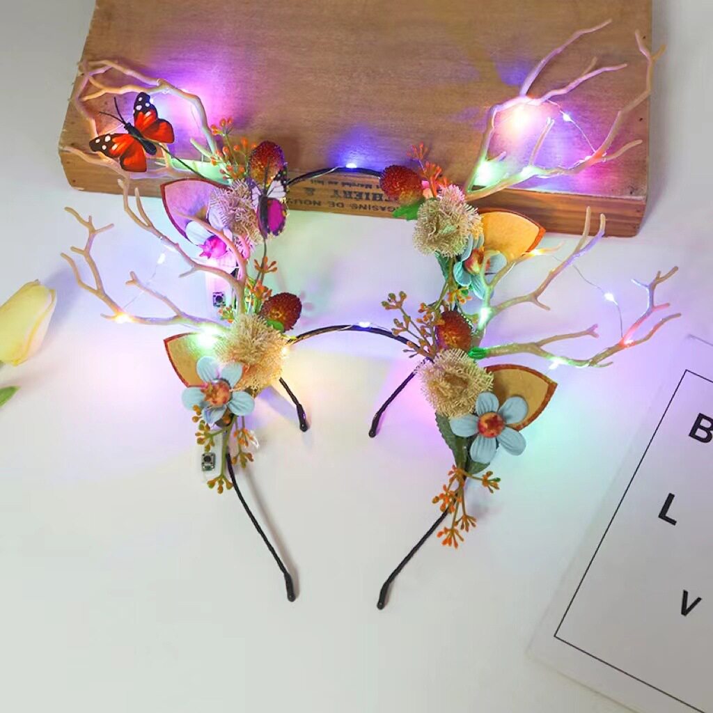 跨境热卖14灯毛毛兔耳朵发光发箍地推金丝羽毛猫耳朵发光头箍玩具