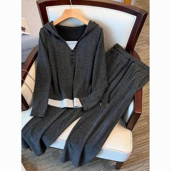 Lazy Hooded Fake Two-Piece Top Wide-Leg Pants Two-Piece Set Spring & Fall Large Size Fat mm Casual Elegant Slim Suit for Women