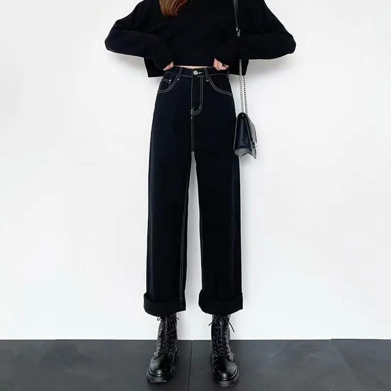 High Waisted Black Wide Leg Jeans for Women Slim Fit Versatile Korean Style Casual Wear Student Fashion Wholesale