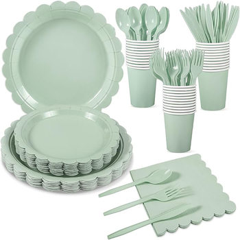 In-Stock Children's Sage Solid Color Lace Party Paper Plates, Cups, Napkins, Cutlery, Disposable Tableware Set