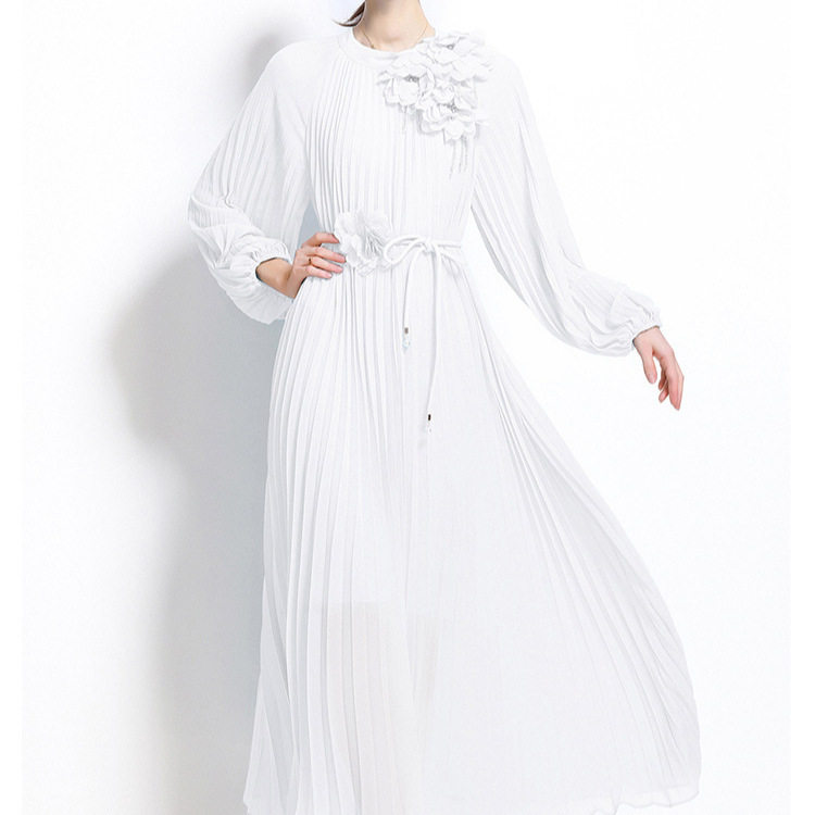 Elegant Womens Dress French Beaded 3D Floral Design Lantern Sleeves Pleated Waist Defined Wholesale Available